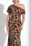Orange Floral Velvet Burnout One Shoulder Mermaid Mother of the Bride Dress