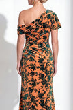 Orange Floral Velvet Burnout One Shoulder Mermaid Mother of the Bride Dress