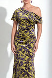Orange Floral Velvet Burnout One Shoulder Mermaid Mother of the Bride Dress