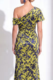 Orange Floral Velvet Burnout One Shoulder Mermaid Mother of the Bride Dress