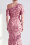 Dusty Rose Mermaid One Shoulder Sequin Mother of the Bride Dress