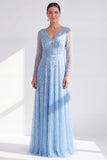 Blue V Neck A Line Beaded Long Sleeve Mother of the Bride Dress with Pearls