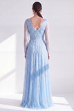 Blue V Neck A Line Beaded Long Sleeve Mother of the Bride Dress with Pearls