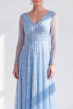 Blue V Neck A Line Beaded Long Sleeve Mother of the Bride Dress with Pearls
