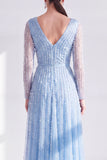 Blue V Neck A Line Beaded Long Sleeve Mother of the Bride Dress with Pearls