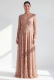 Blue V Neck A Line Beaded Long Sleeve Mother of the Bride Dress with Pearls