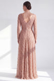 Blue V Neck A Line Beaded Long Sleeve Mother of the Bride Dress with Pearls