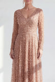 Blue V Neck A Line Beaded Long Sleeve Mother of the Bride Dress with Pearls