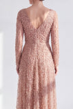 Blue V Neck A Line Beaded Long Sleeve Mother of the Bride Dress with Pearls