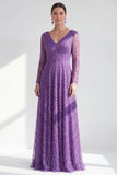 Blue V Neck A Line Beaded Long Sleeve Mother of the Bride Dress with Pearls