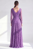 Blue V Neck A Line Beaded Long Sleeve Mother of the Bride Dress with Pearls
