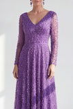 Blue V Neck A Line Beaded Long Sleeve Mother of the Bride Dress with Pearls