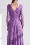 Blue V Neck A Line Beaded Long Sleeve Mother of the Bride Dress with Pearls