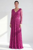 Blue V Neck A Line Beaded Long Sleeve Mother of the Bride Dress with Pearls