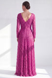 Blue V Neck A Line Beaded Long Sleeve Mother of the Bride Dress with Pearls
