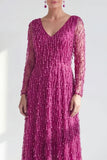 Blue V Neck A Line Beaded Long Sleeve Mother of the Bride Dress with Pearls