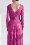 Blue V Neck A Line Beaded Long Sleeve Mother of the Bride Dress with Pearls