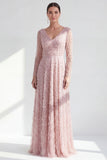 Blue V Neck A Line Beaded Long Sleeve Mother of the Bride Dress with Pearls