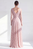 Blue V Neck A Line Beaded Long Sleeve Mother of the Bride Dress with Pearls