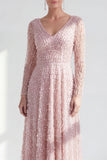 Blue V Neck A Line Beaded Long Sleeve Mother of the Bride Dress with Pearls