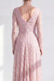 Blue V Neck A Line Beaded Long Sleeve Mother of the Bride Dress with Pearls