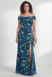 Off the Shoulder Green Flower Jacquard Wedding Guest Dress with Slit