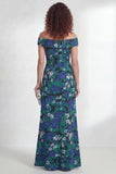 Off the Shoulder Green Flower Jacquard Wedding Guest Dress with Slit