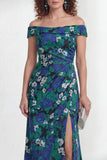 Off the Shoulder Green Flower Jacquard Wedding Guest Dress with Slit