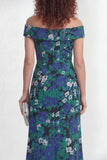 Off the Shoulder Green Flower Jacquard Wedding Guest Dress with Slit