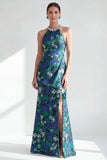 Halter Mermaid Jacquard Green Flower Maxi Dress with Slit