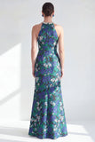 Halter Mermaid Jacquard Green Flower Maxi Dress with Slit