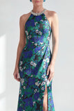 Halter Mermaid Jacquard Green Flower Maxi Dress with Slit