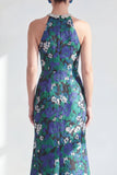 Halter Mermaid Jacquard Green Flower Maxi Dress with Slit