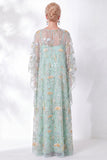 Green A Line Beaded Sequin Mother of the Bride Dress with Batwing Sleeves