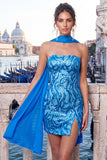 Gold Strapless Bodycon Sequin Homecoming Dress with Scarf