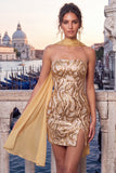 Gold Strapless Bodycon Sequin Homecoming Dress with Scarf