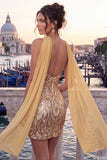 Gold Strapless Bodycon Sequin Homecoming Dress with Scarf