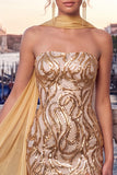 Gold Strapless Bodycon Sequin Homecoming Dress with Scarf