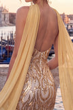 Gold Strapless Bodycon Sequin Homecoming Dress with Scarf