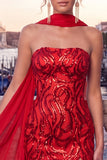 Gold Strapless Bodycon Sequin Homecoming Dress with Scarf