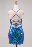Sparkly Gold Bodycon Short Homecoming Dress with Lace-up Back