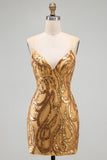 Sparkly Gold Bodycon Short Homecoming Dress with Lace-up Back