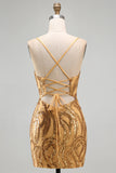 Sparkly Gold Bodycon Short Homecoming Dress with Lace-up Back