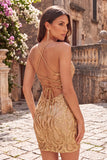 Sparkly Gold Bodycon Short Homecoming Dress with Lace-up Back