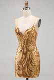 Sparkly Gold Bodycon Short Homecoming Dress with Lace-up Back
