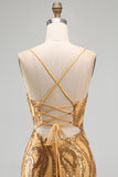Sparkly Gold Bodycon Short Homecoming Dress with Lace-up Back