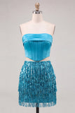 2-Piece Strapless Royal Blue Sequin Fringed Bodycon Corset Homecoming Dress