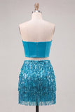 2-Piece Strapless Royal Blue Sequin Fringed Bodycon Corset Homecoming Dress