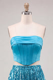 2-Piece Strapless Royal Blue Sequin Fringed Bodycon Corset Homecoming Dress