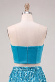 2-Piece Strapless Royal Blue Sequin Fringed Bodycon Corset Homecoming Dress